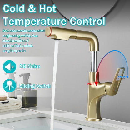 Brushed Gold Pull-Out Bathroom Vessel Sink Faucet, Single Handle Single-Hole Faucet with Pull-Out Sprayer & Dual Spray Modes