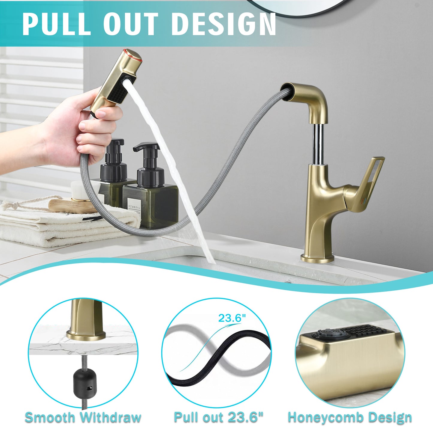 Brushed Gold Pull-Out Bathroom Vessel Sink Faucet, Single Handle Single-Hole Faucet with Pull-Out Sprayer & Dual Spray Modes