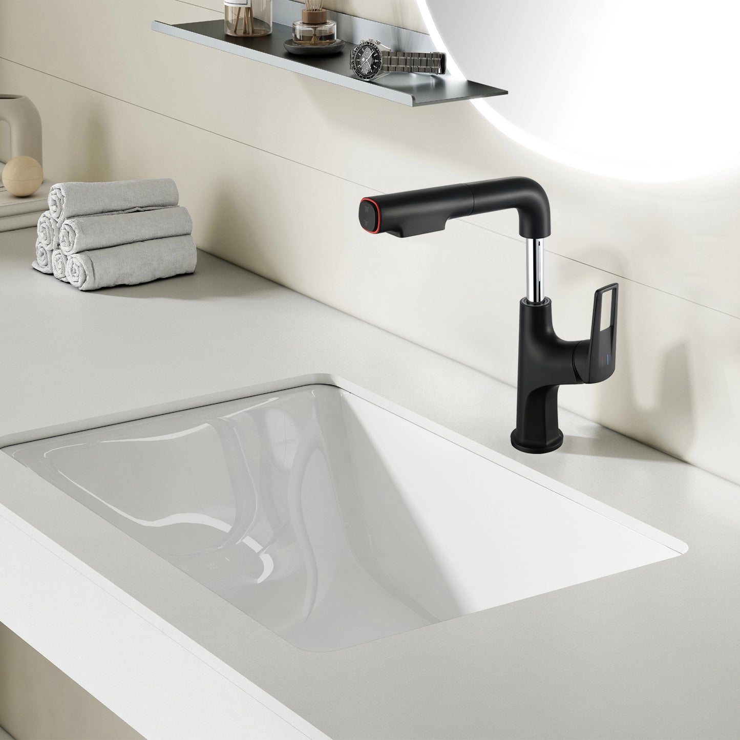 Matte Black Pull-Down Bathroom Vessel Sink Faucet, Single Handle Single-Hole Faucet with Pull-Out Sprayer & Dual Spray Modes