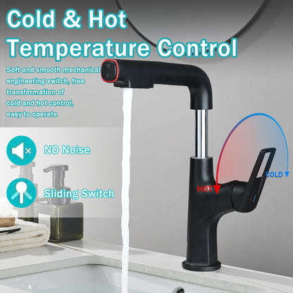 Matte Black Pull-Down Bathroom Vessel Sink Faucet, Single Handle Single-Hole Faucet with Pull-Out Sprayer & Dual Spray Modes