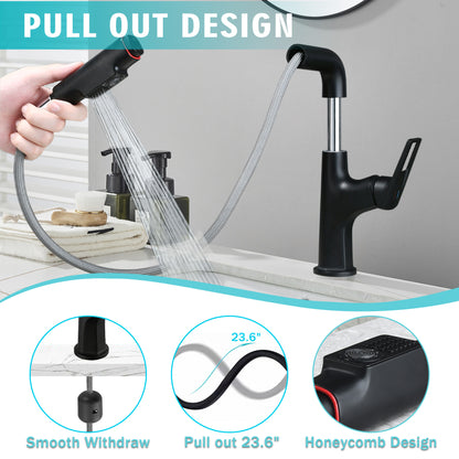 Matte Black Pull-Down Bathroom Vessel Sink Faucet, Single Handle Single-Hole Faucet with Pull-Out Sprayer & Dual Spray Modes