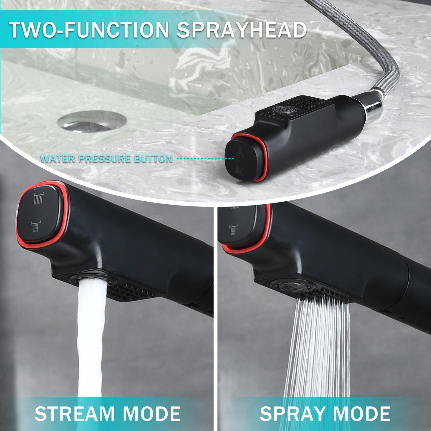 Matte Black Pull-Down Bathroom Vessel Sink Faucet, Single Handle Single-Hole Faucet with Pull-Out Sprayer & Dual Spray Modes