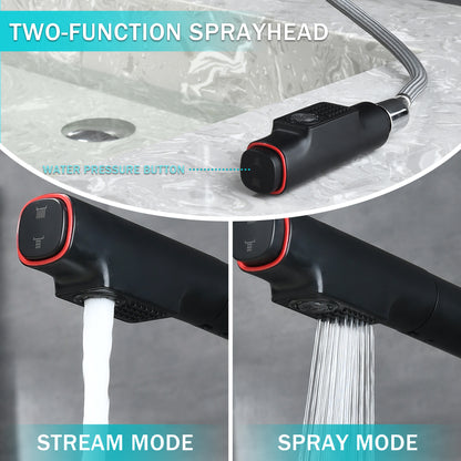 Matte Black Pull-Down Bathroom Vessel Sink Faucet, Single Handle Single-Hole Faucet with Pull-Out Sprayer & Dual Spray Modes