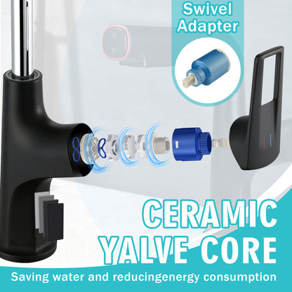Matte Black Pull-Down Bathroom Vessel Sink Faucet, Single Handle Single-Hole Faucet with Pull-Out Sprayer & Dual Spray Modes