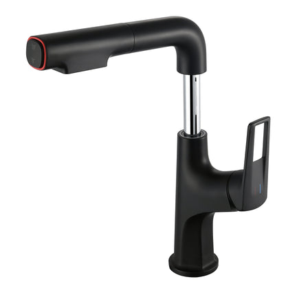 Matte Black Pull-Down Bathroom Vessel Sink Faucet, Single Handle Single-Hole Faucet with Pull-Out Sprayer & Dual Spray Modes