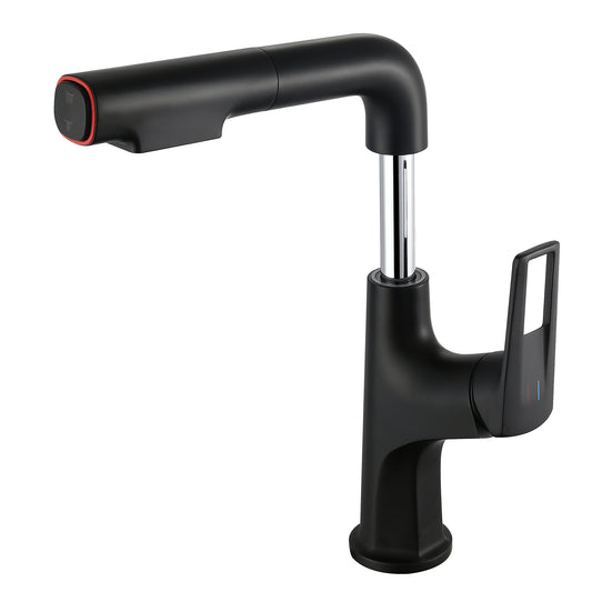 Matte Black Pull-Down Bathroom Vessel Sink Faucet, Single Handle Single-Hole Faucet with Pull-Out Sprayer & Dual Spray Modes