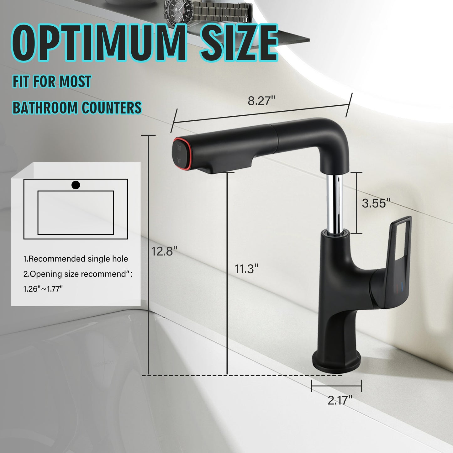Matte Black Pull-Down Bathroom Vessel Sink Faucet, Single Handle Single-Hole Faucet with Pull-Out Sprayer & Dual Spray Modes