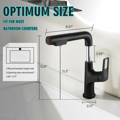 Matte Black Pull-Down Bathroom Vessel Sink Faucet, Single Handle Single-Hole Faucet with Pull-Out Sprayer & Dual Spray Modes
