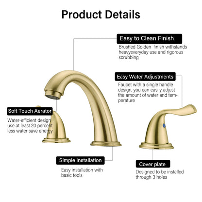 8-Inch Widespread Brushed Gold Bathroom Sink Faucet, Solid Brass 2-Handle 3-Hole Round Vanity Faucet