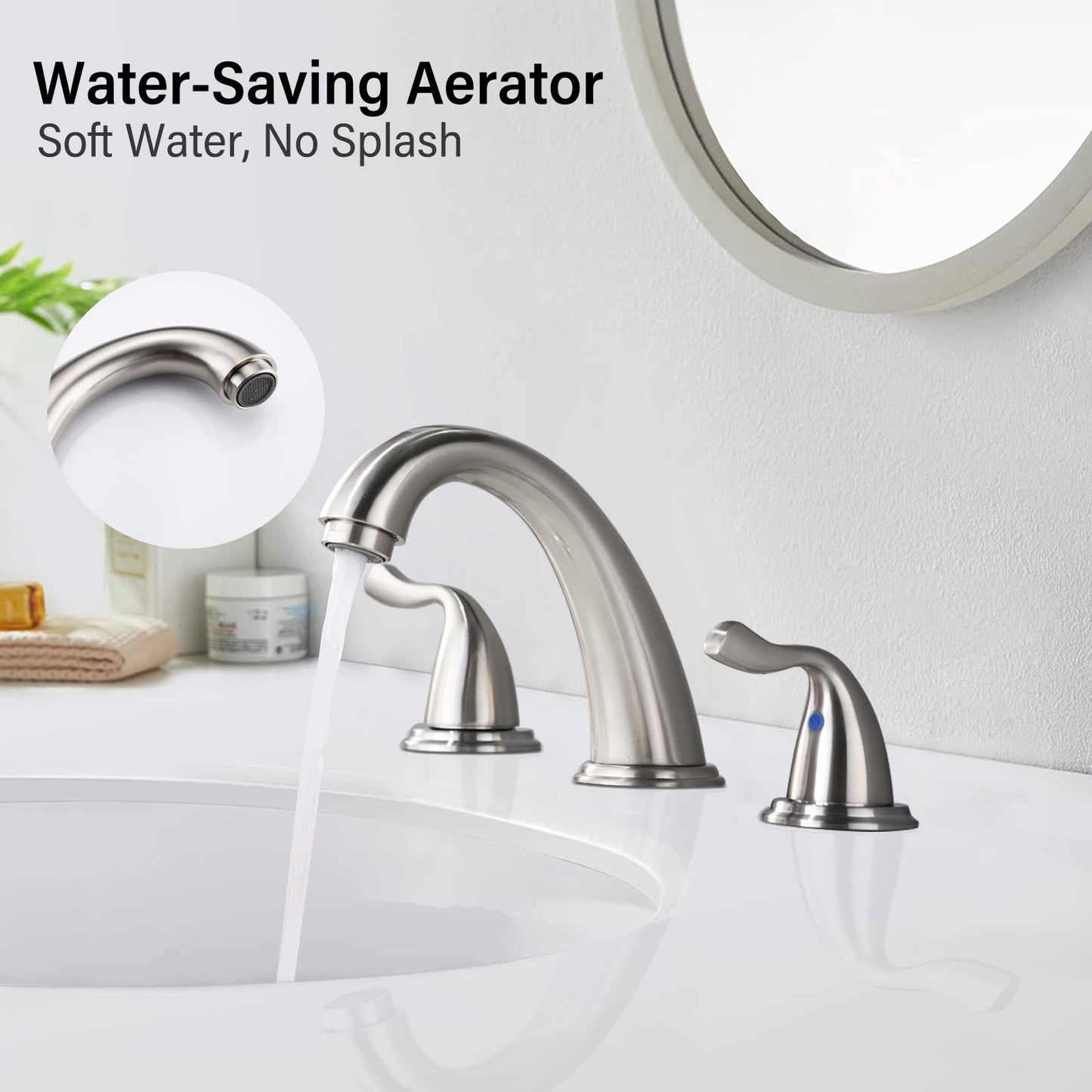 8-Inch Widespread Brushed Nickel Bathroom Sink Faucet, Solid Brass 2-Handle 3-Hole Round Vanity Faucet