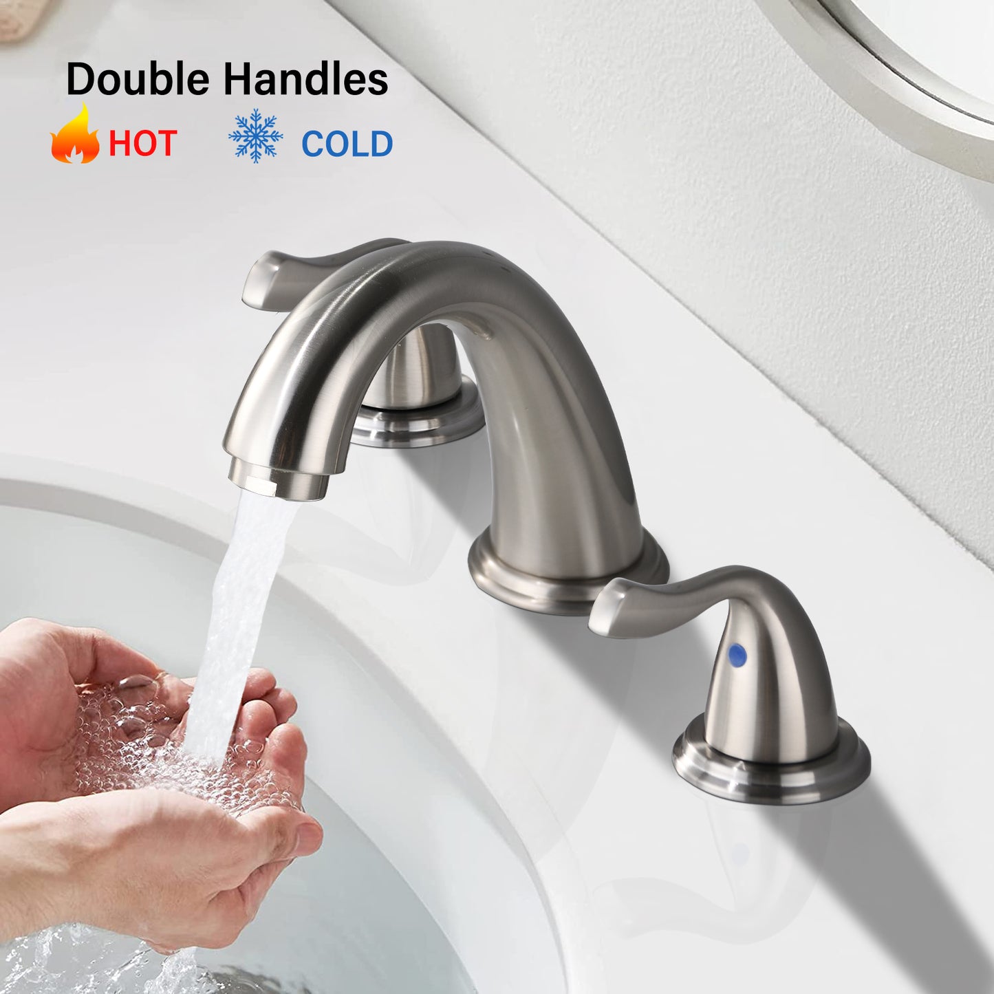 8-Inch Widespread Brushed Nickel Bathroom Sink Faucet, Solid Brass 2-Handle 3-Hole Round Vanity Faucet