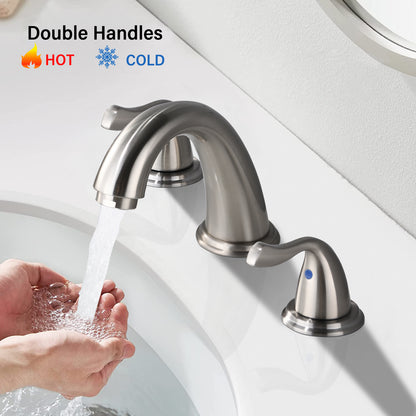8-Inch Widespread Brushed Nickel Bathroom Sink Faucet, Solid Brass 2-Handle 3-Hole Round Vanity Faucet