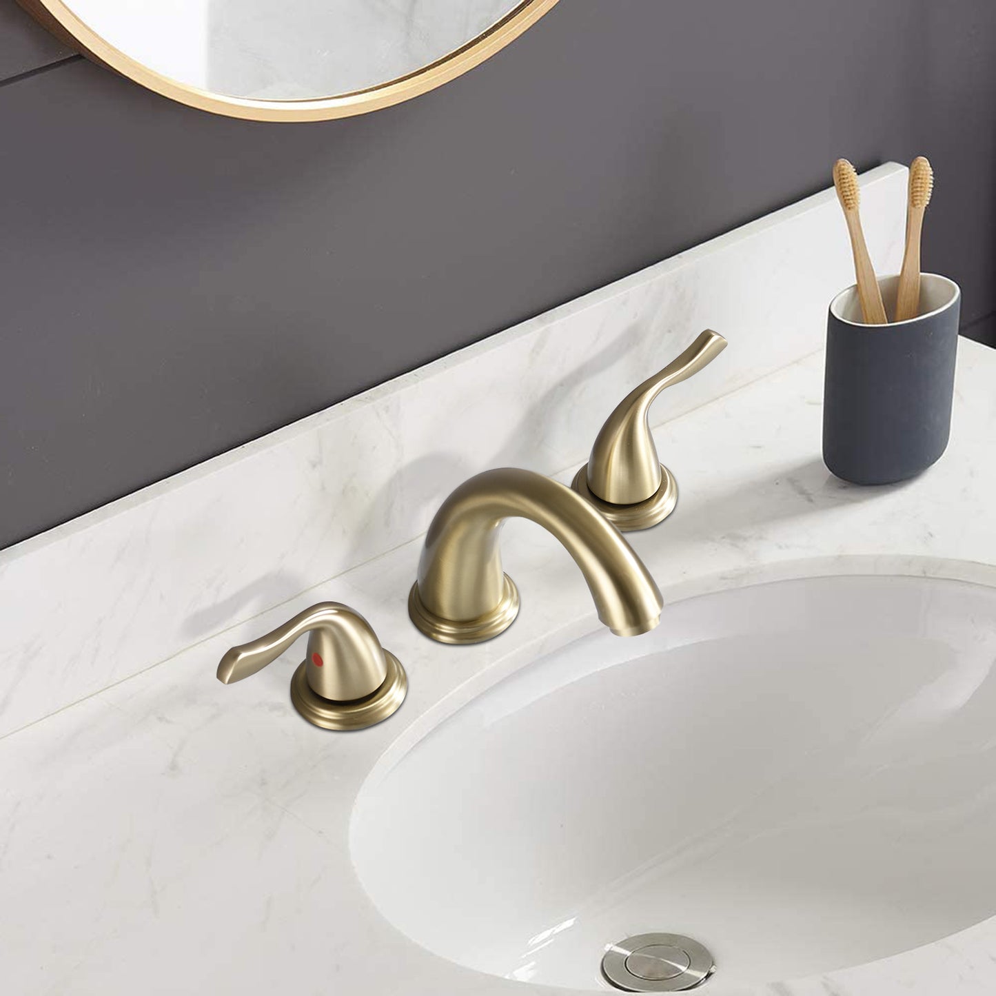 8-Inch Widespread Brushed Gold Bathroom Sink Faucet, Solid Brass 2-Handle 3-Hole Round Vanity Faucet