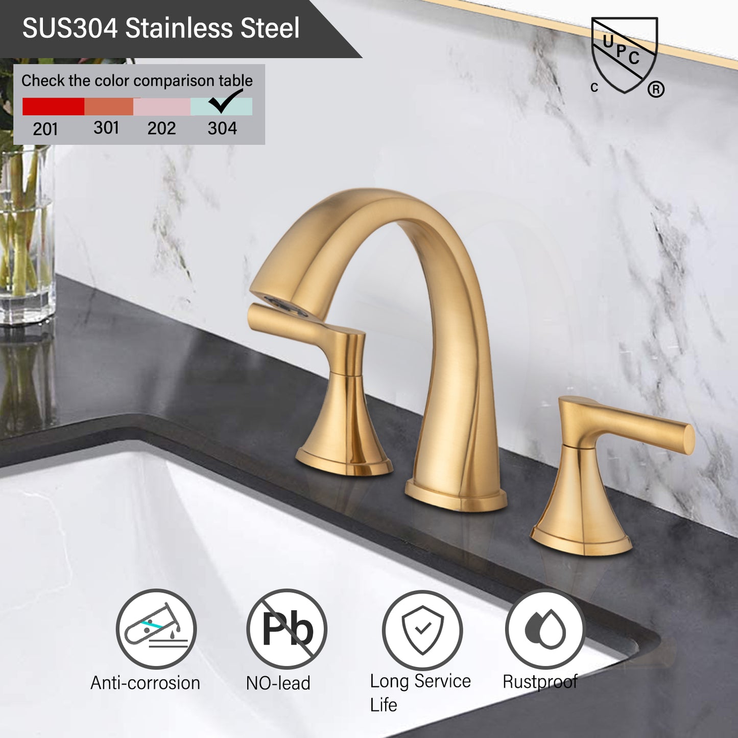 8-Inch Widespread Bathroom Faucet, Brushed Gold, 2-Handle 3-Hole Vanity Sink Faucet with Pop-Up Drain, Round Style