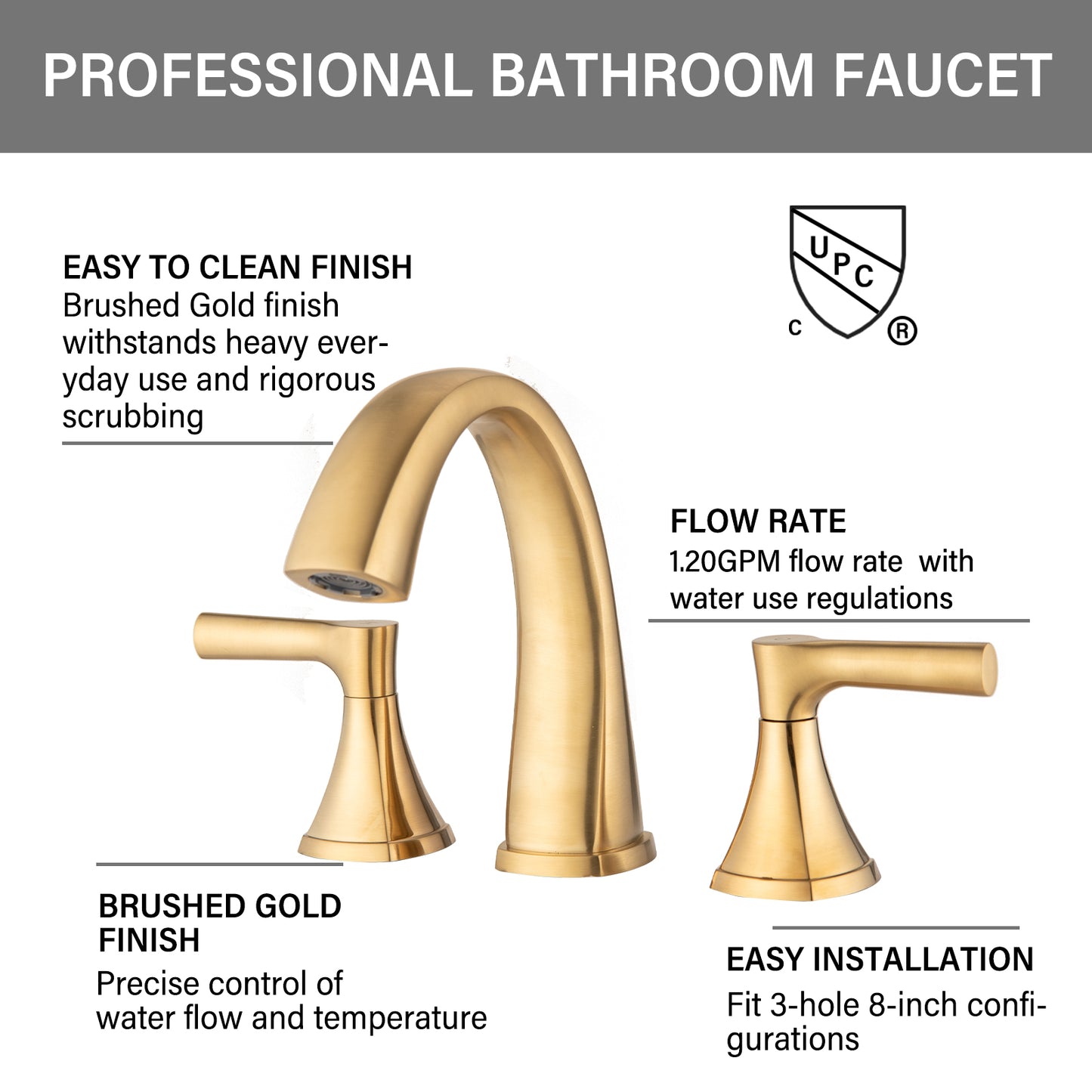8-Inch Widespread Bathroom Faucet, Brushed Gold, 2-Handle 3-Hole Vanity Sink Faucet with Pop-Up Drain, Round Style