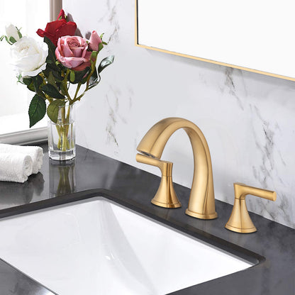 8-Inch Widespread Bathroom Faucet, Brushed Gold, 2-Handle 3-Hole Vanity Sink Faucet with Pop-Up Drain, Round Style