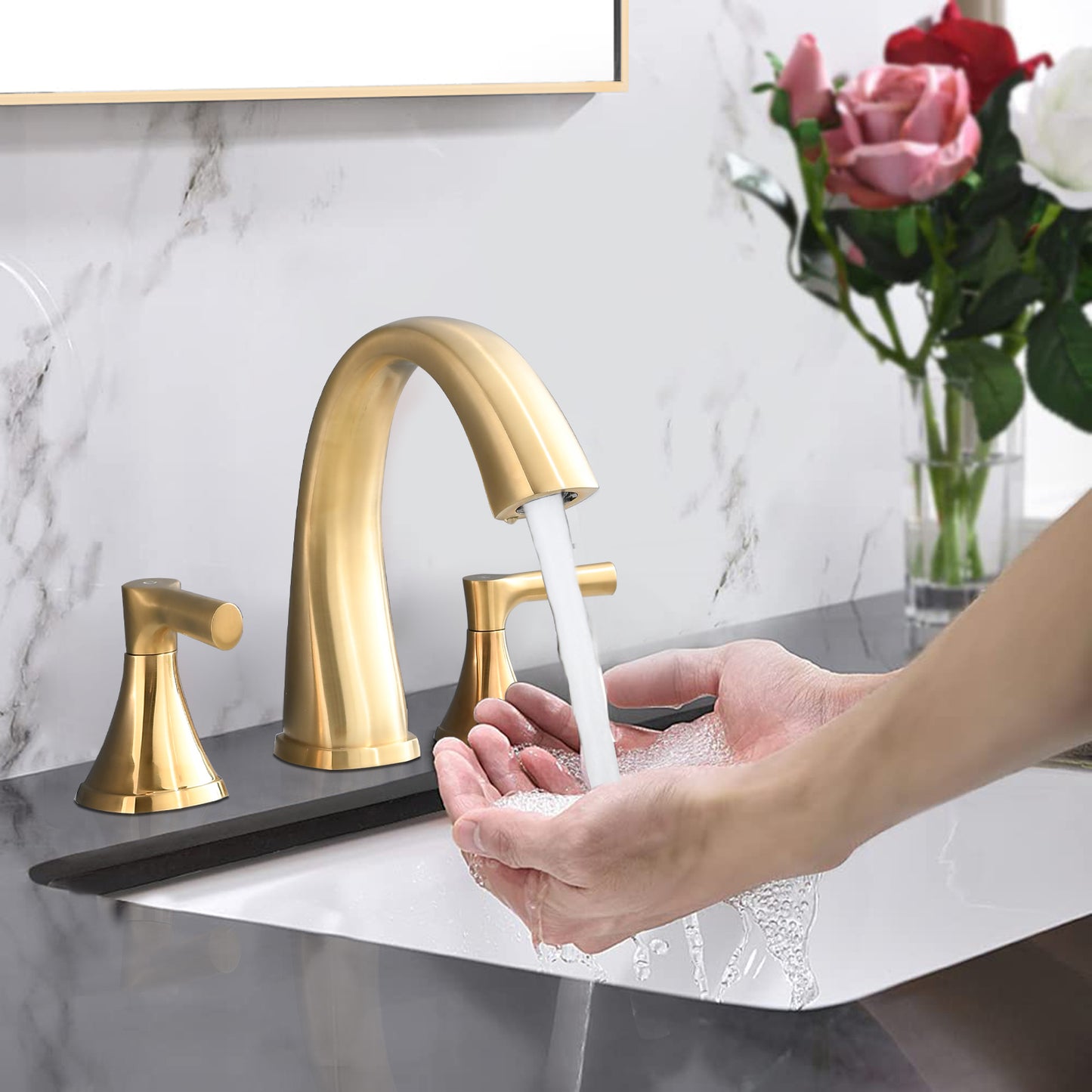8-Inch Widespread Bathroom Faucet, Brushed Gold, 2-Handle 3-Hole Vanity Sink Faucet with Pop-Up Drain, Round Style