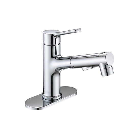 Chrome Bathroom Sink Faucet with Pull-Out Sprayer, Single Handle Modern Vanity Faucet with Pop-Up Drain & Deck Plate