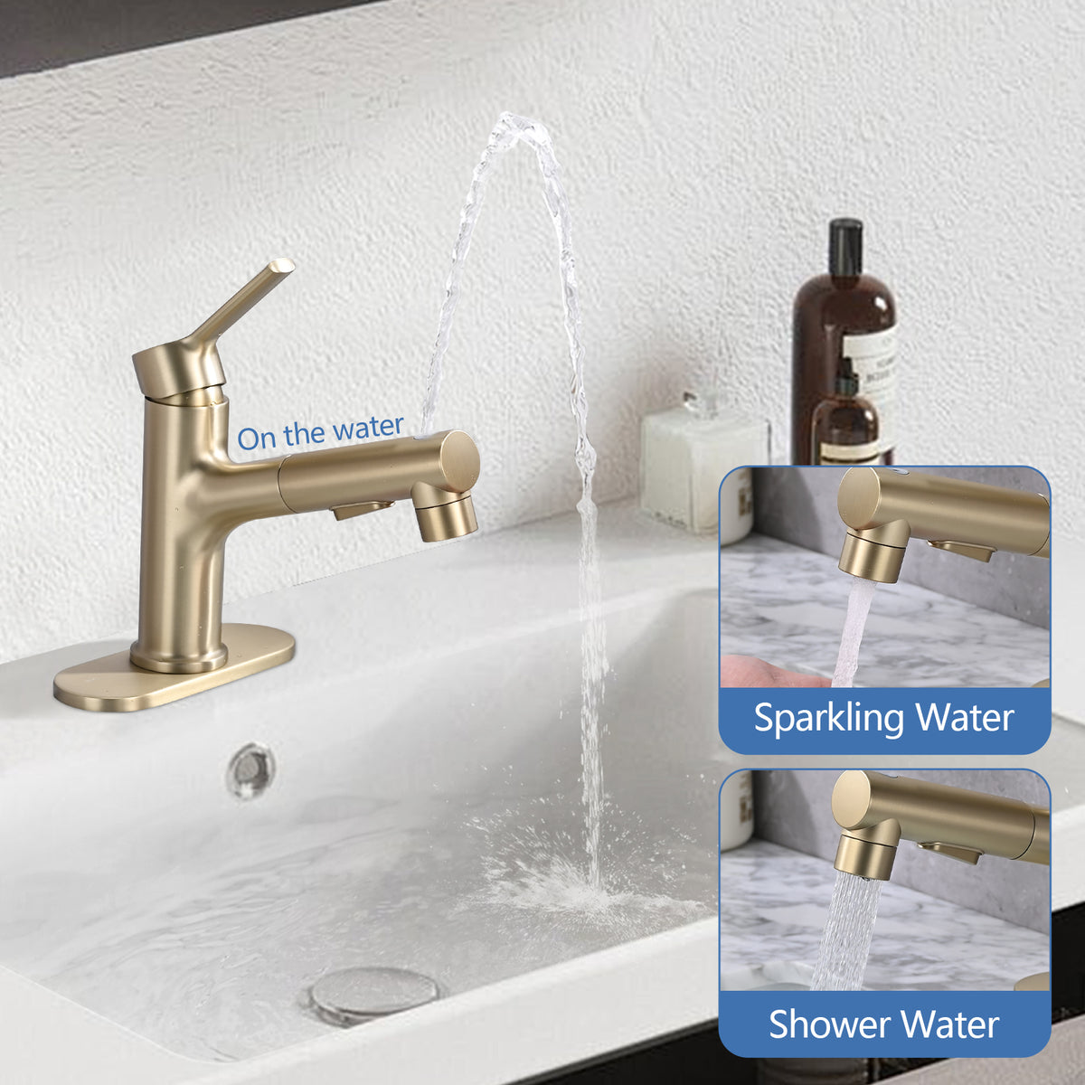 Brushed Gold Bathroom Sink Faucet with Pull-Out Sprayer, Single Handle Modern Vanity Faucet with Pop-Up Drain & Deck Plate