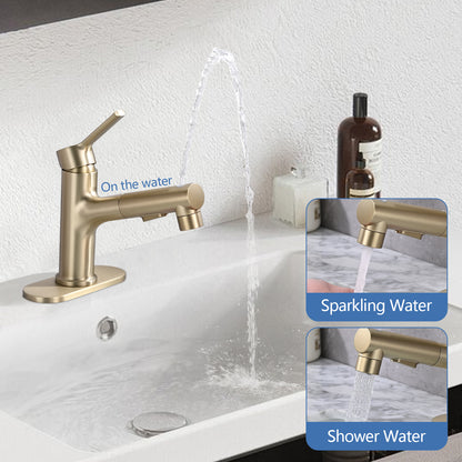 Brushed Gold Bathroom Sink Faucet with Pull-Out Sprayer, Single Handle Modern Vanity Faucet with Pop-Up Drain & Deck Plate