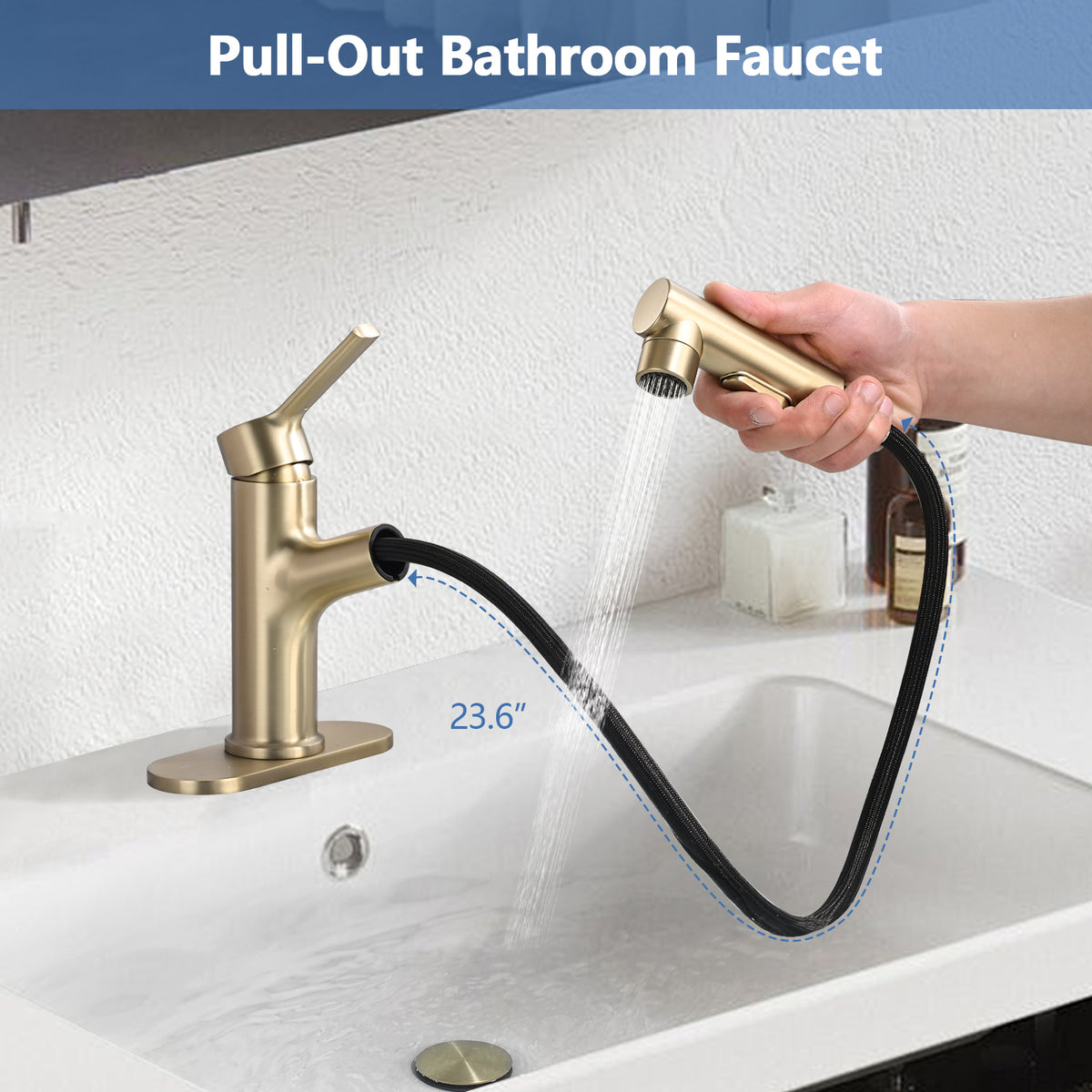 Brushed Gold Bathroom Sink Faucet with Pull-Out Sprayer, Single Handle Modern Vanity Faucet with Pop-Up Drain & Deck Plate