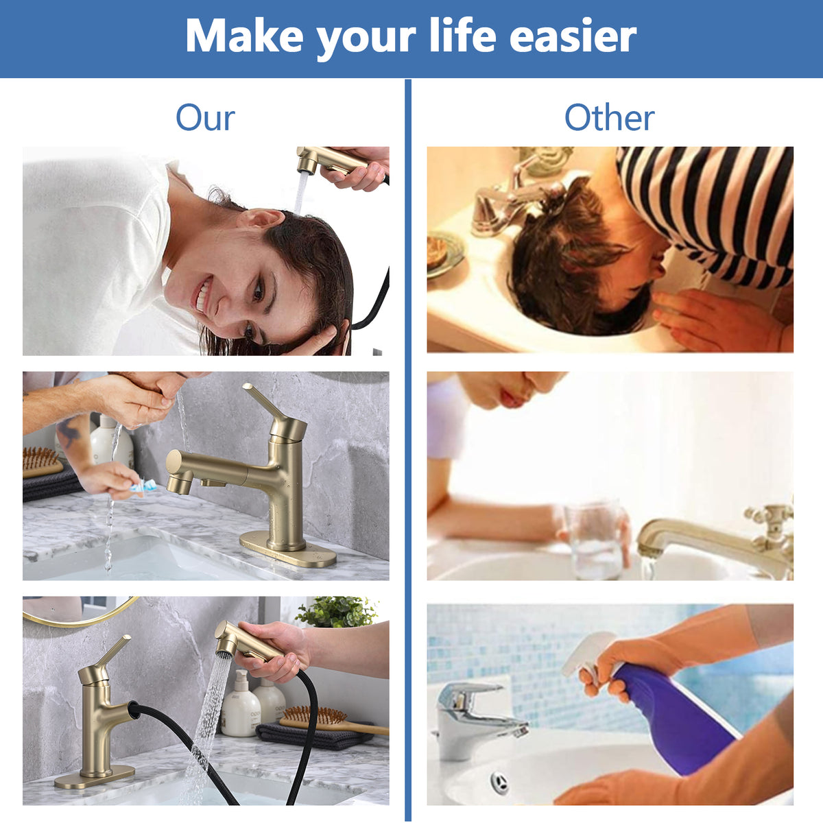 Brushed Gold Bathroom Sink Faucet with Pull-Out Sprayer, Single Handle Modern Vanity Faucet with Pop-Up Drain & Deck Plate