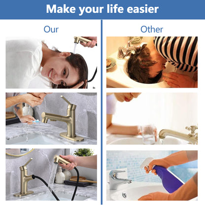 Brushed Gold Bathroom Sink Faucet with Pull-Out Sprayer, Single Handle Modern Vanity Faucet with Pop-Up Drain & Deck Plate