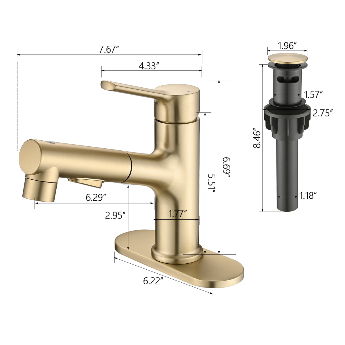 Brushed Gold Bathroom Sink Faucet with Pull-Out Sprayer, Single Handle Modern Vanity Faucet with Pop-Up Drain & Deck Plate