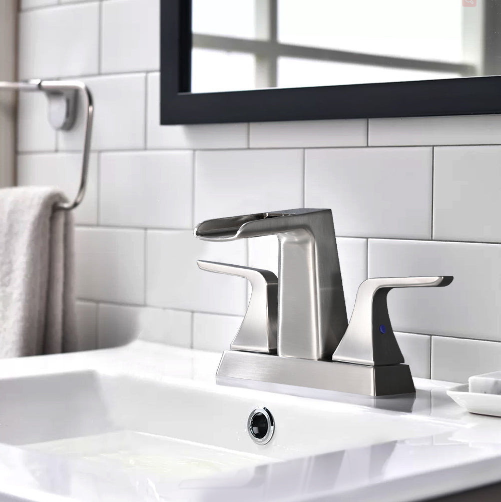 Solid Brass Brushed Nickel 4-Inch Centerset Waterfall Bathroom Sink Faucet, Two-Handle Vanity Faucet