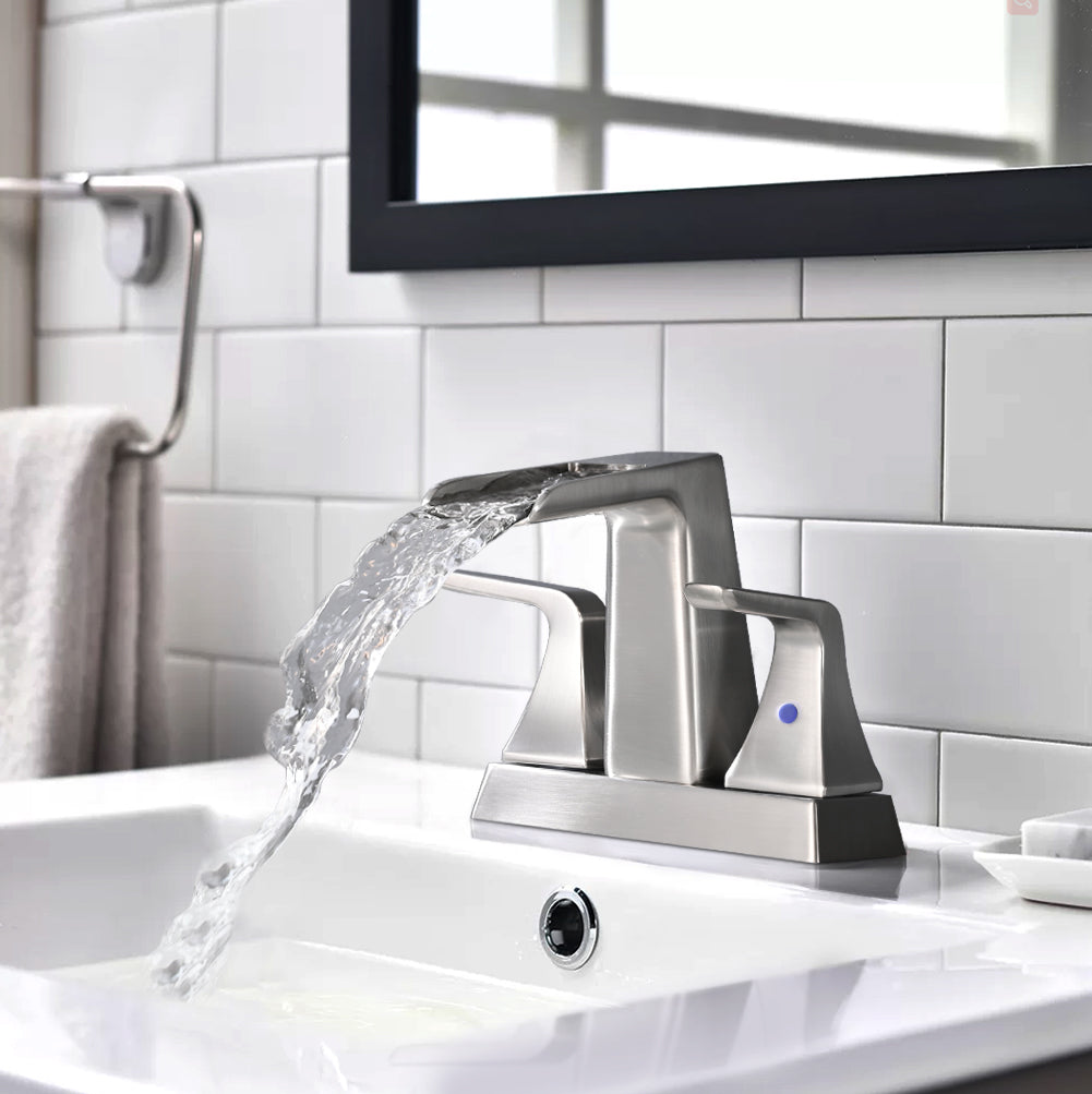 Solid Brass Brushed Nickel 4-Inch Centerset Waterfall Bathroom Sink Faucet, Two-Handle Vanity Faucet