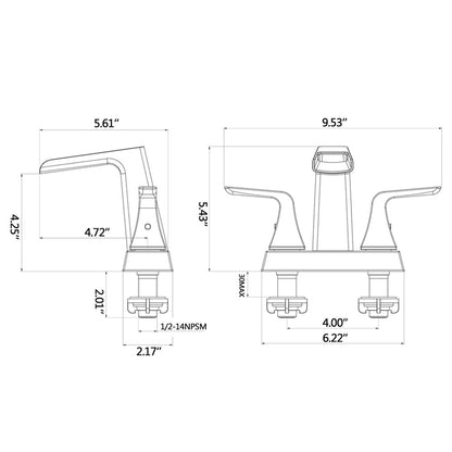 Solid Brass Brushed Nickel 4-Inch Centerset Waterfall Bathroom Sink Faucet, Two-Handle Vanity Faucet