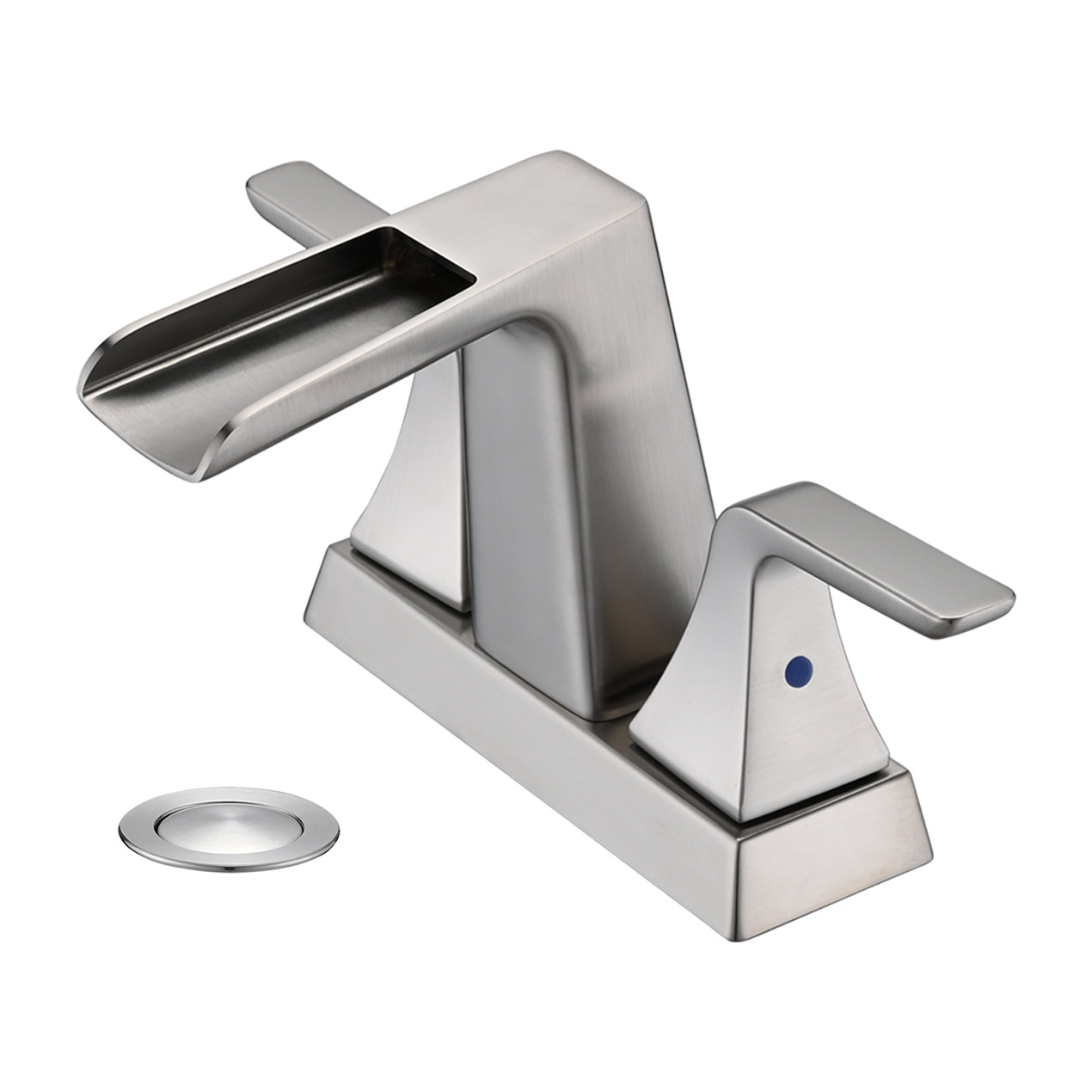 Solid Brass Brushed Nickel 4-Inch Centerset Waterfall Bathroom Sink Faucet, Two-Handle Vanity Faucet