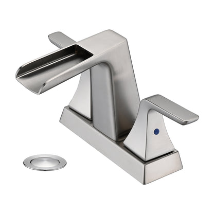Solid Brass Brushed Nickel 4-Inch Centerset Waterfall Bathroom Sink Faucet, Two-Handle Vanity Faucet