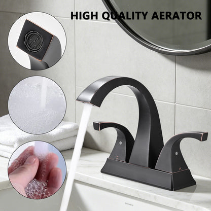 Solid Brass Matte Black 4-Inch Centerset Bathroom Sink Faucet, Two-Handle Vanity Faucet with Pop-Up Drain