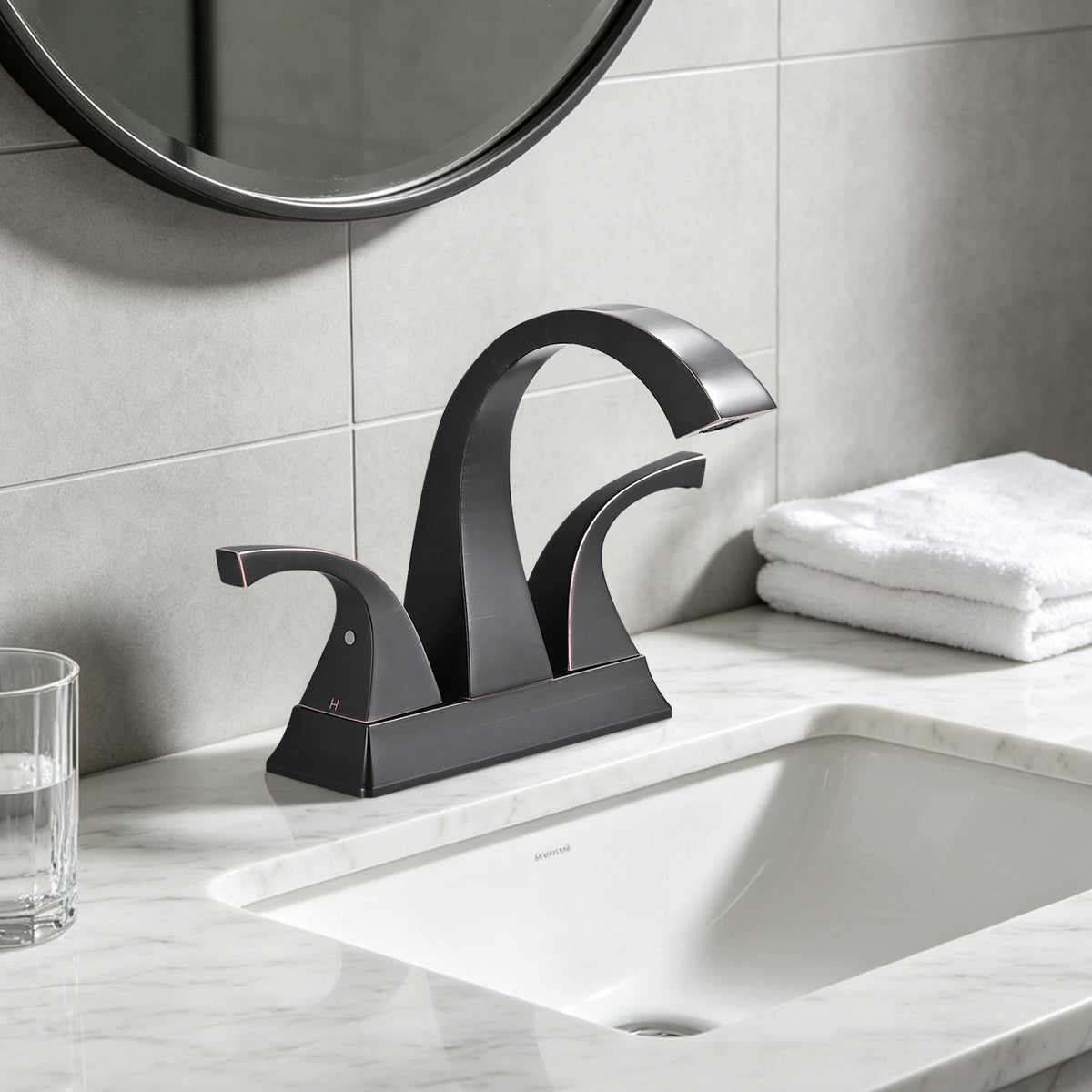 Solid Brass Matte Black 4-Inch Centerset Bathroom Sink Faucet, Two-Handle Vanity Faucet with Pop-Up Drain