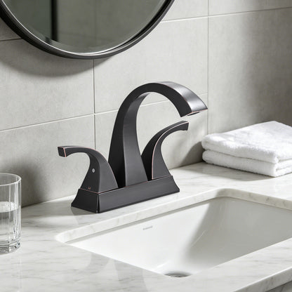 Solid Brass Matte Black 4-Inch Centerset Bathroom Sink Faucet, Two-Handle Vanity Faucet with Pop-Up Drain