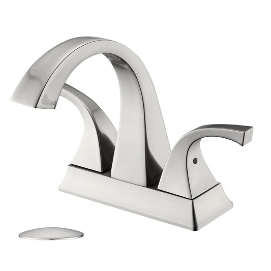Solid Brass Brushed Nickel 4-Inch Centerset Bathroom Sink Faucet, Two-Handle Vanity Faucet with Pop-Up Drain