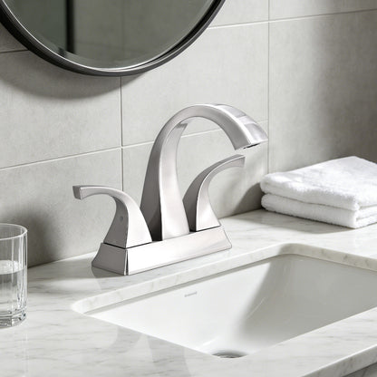 Solid Brass Brushed Nickel 4-Inch Centerset Bathroom Sink Faucet, Two-Handle Vanity Faucet with Pop-Up Drain