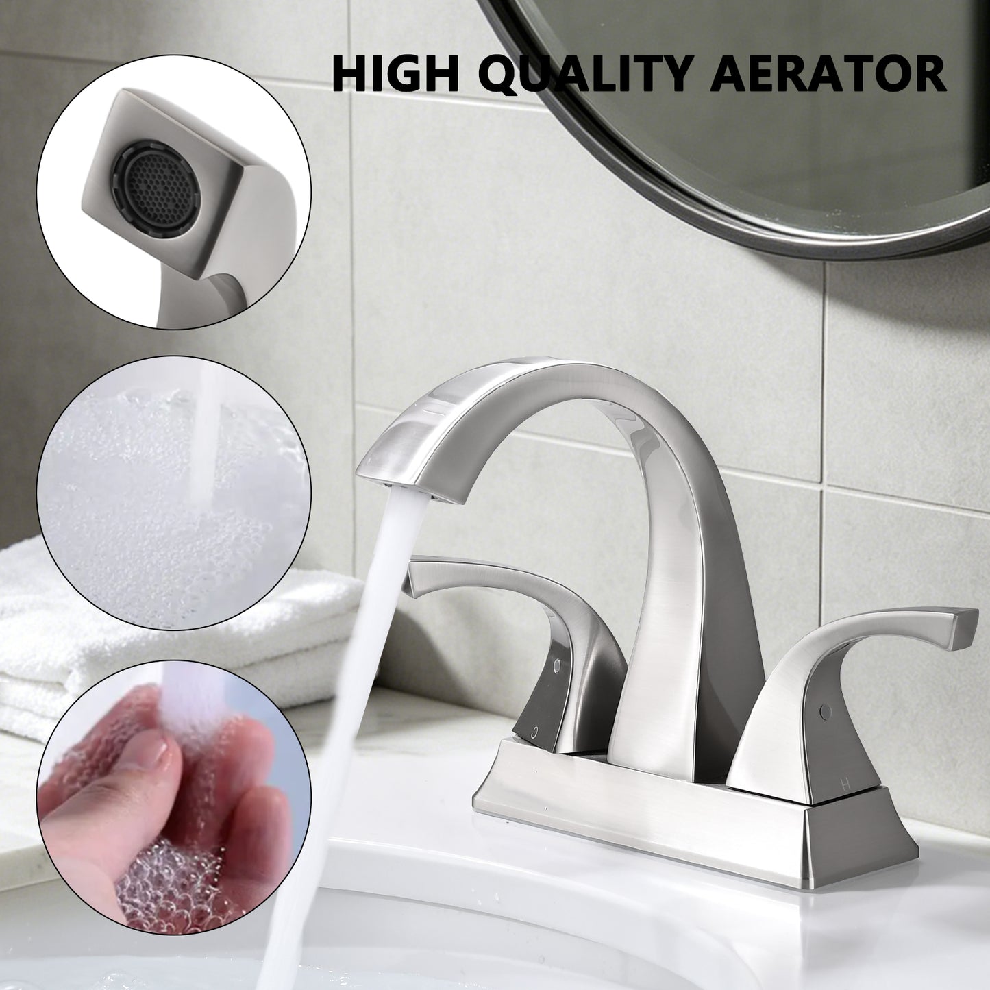 Solid Brass Brushed Nickel 4-Inch Centerset Bathroom Sink Faucet, Two-Handle Vanity Faucet with Pop-Up Drain