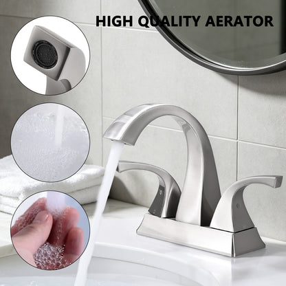 Solid Brass Brushed Nickel 4-Inch Centerset Bathroom Sink Faucet, Two-Handle Vanity Faucet with Pop-Up Drain