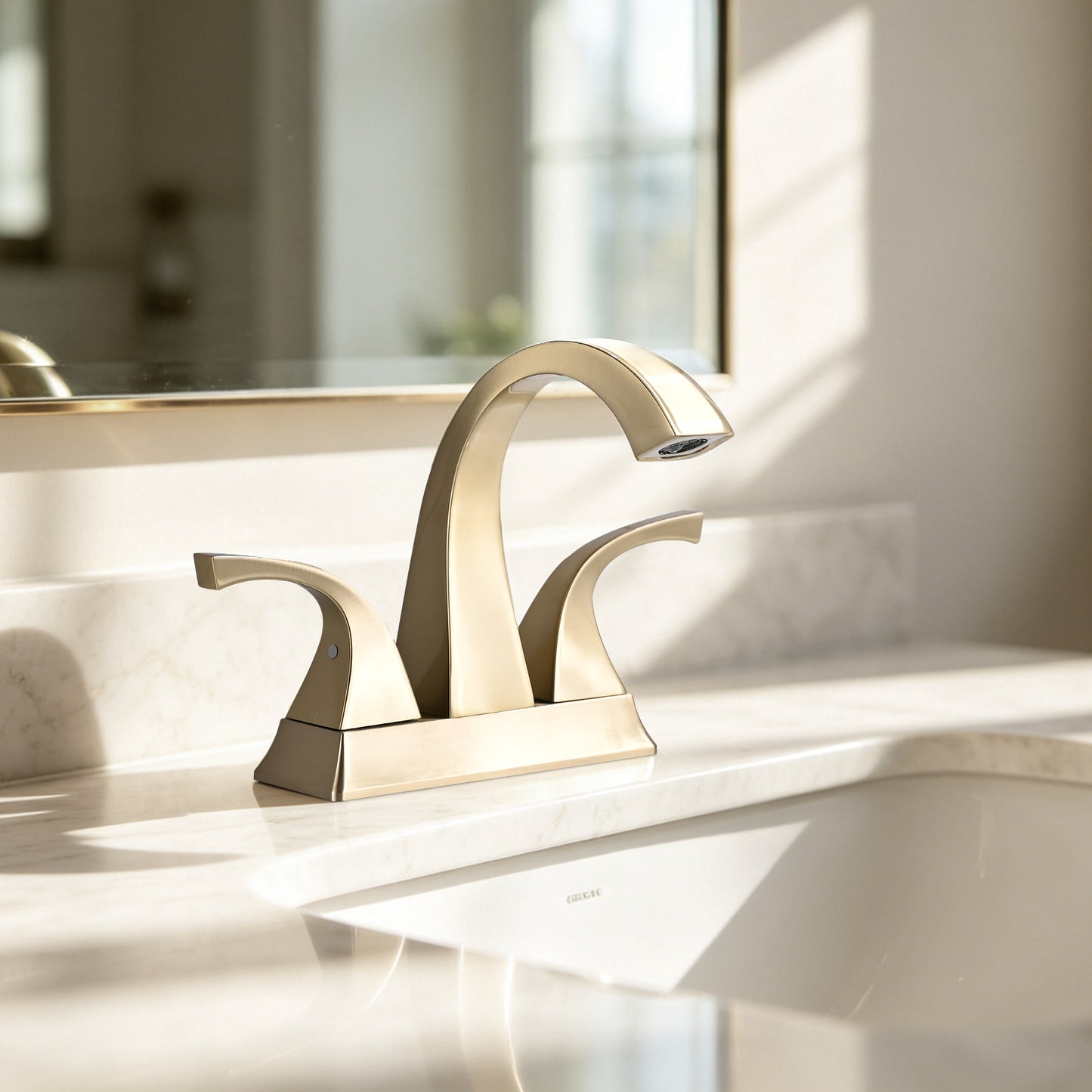 Solid Brass Brushed Gold 4-Inch Centerset Bathroom Sink Faucet, Two-Handle Vanity Faucet with Pop-Up Drain