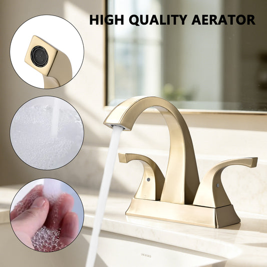 Solid Brass Brushed Gold 4-Inch Centerset Bathroom Sink Faucet, Two-Handle Vanity Faucet with Pop-Up Drain
