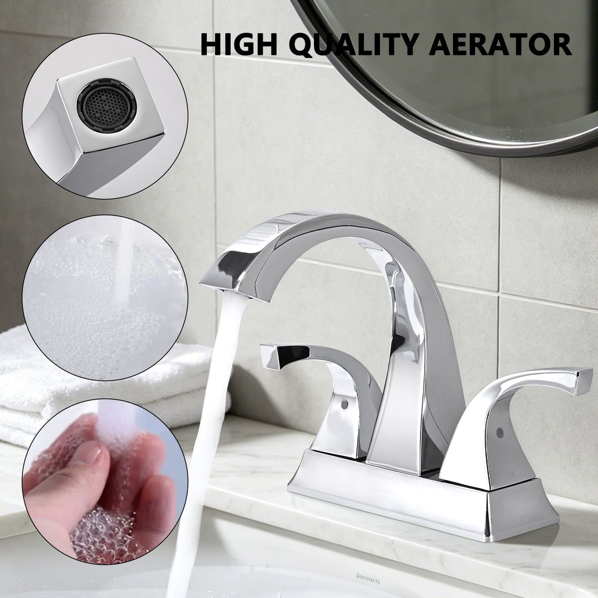 Solid Brass Chrome 4-Inch Centerset Bathroom Sink Faucet, Two-Handle Vanity Faucet with Pop-Up Drain