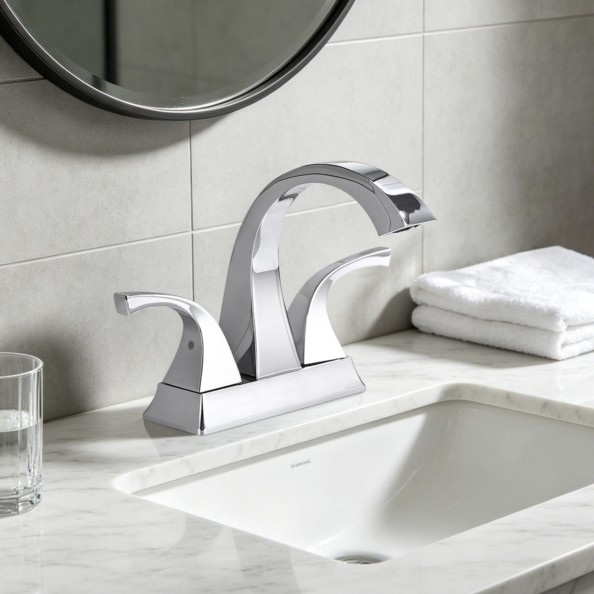 Solid Brass Chrome 4-Inch Centerset Bathroom Sink Faucet, Two-Handle Vanity Faucet with Pop-Up Drain