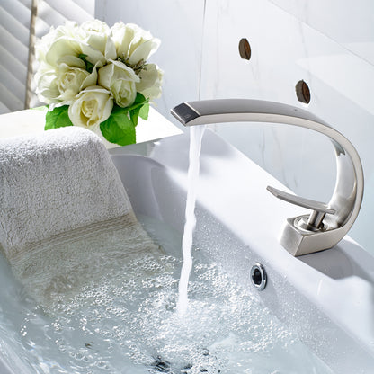 Solid Brass Brushed Nickel Bathroom Sink Faucet, Modern Single Handle Single-Hole Vanity Faucet