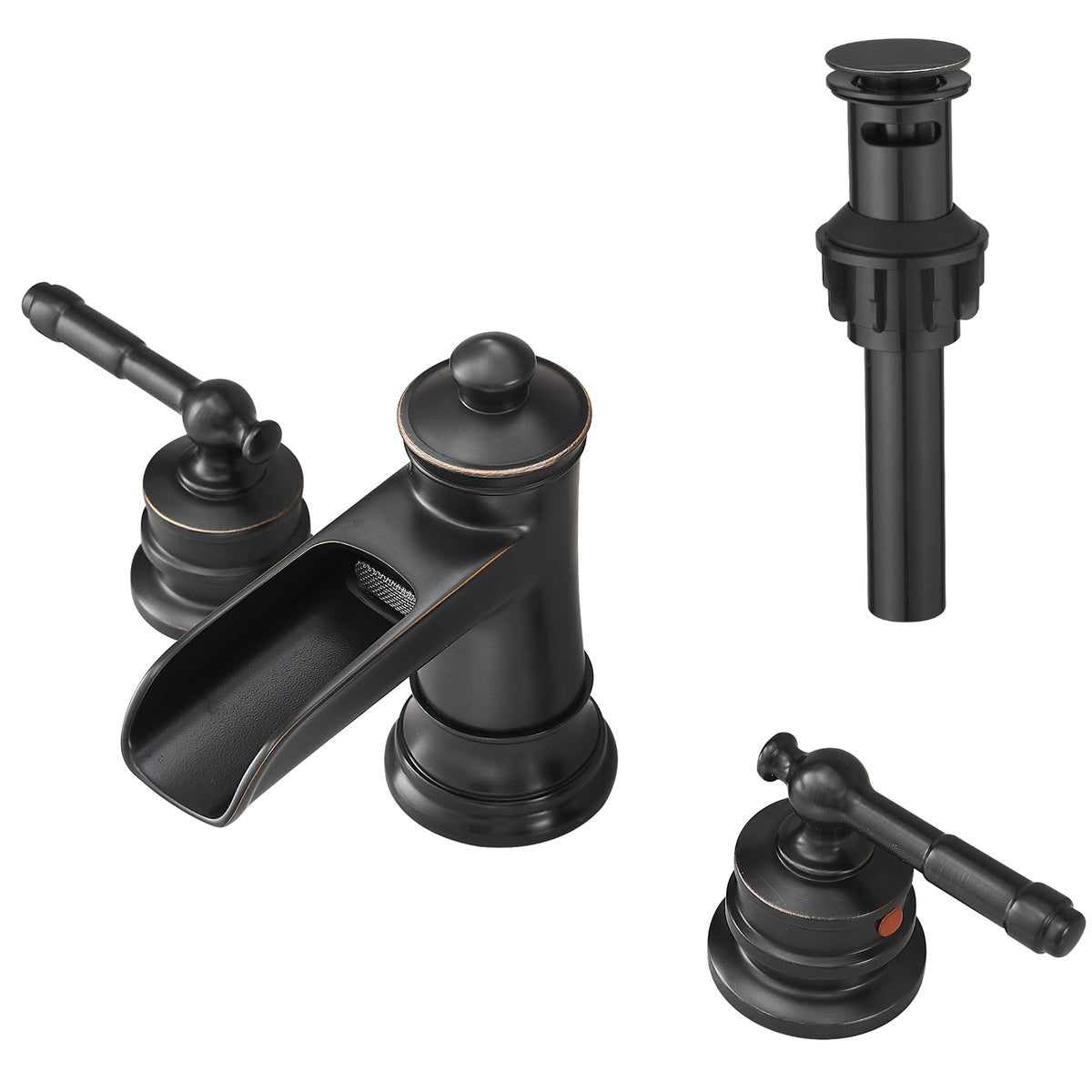 8-Inch Widespread Bathroom Sink Faucet, Oil-Rubbed Bronze Waterfall Faucet, 2-Handle 3-Hole Vanity Faucet with Pop-Up Drain Included