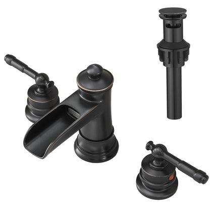 8-Inch Widespread Bathroom Sink Faucet, Oil-Rubbed Bronze Waterfall Faucet, 2-Handle 3-Hole Vanity Faucet with Pop-Up Drain Included