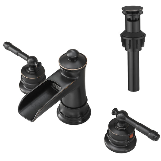 8-Inch Widespread Bathroom Sink Faucet, Oil-Rubbed Bronze Waterfall Faucet, 2-Handle 3-Hole Vanity Faucet with Pop-Up Drain Included