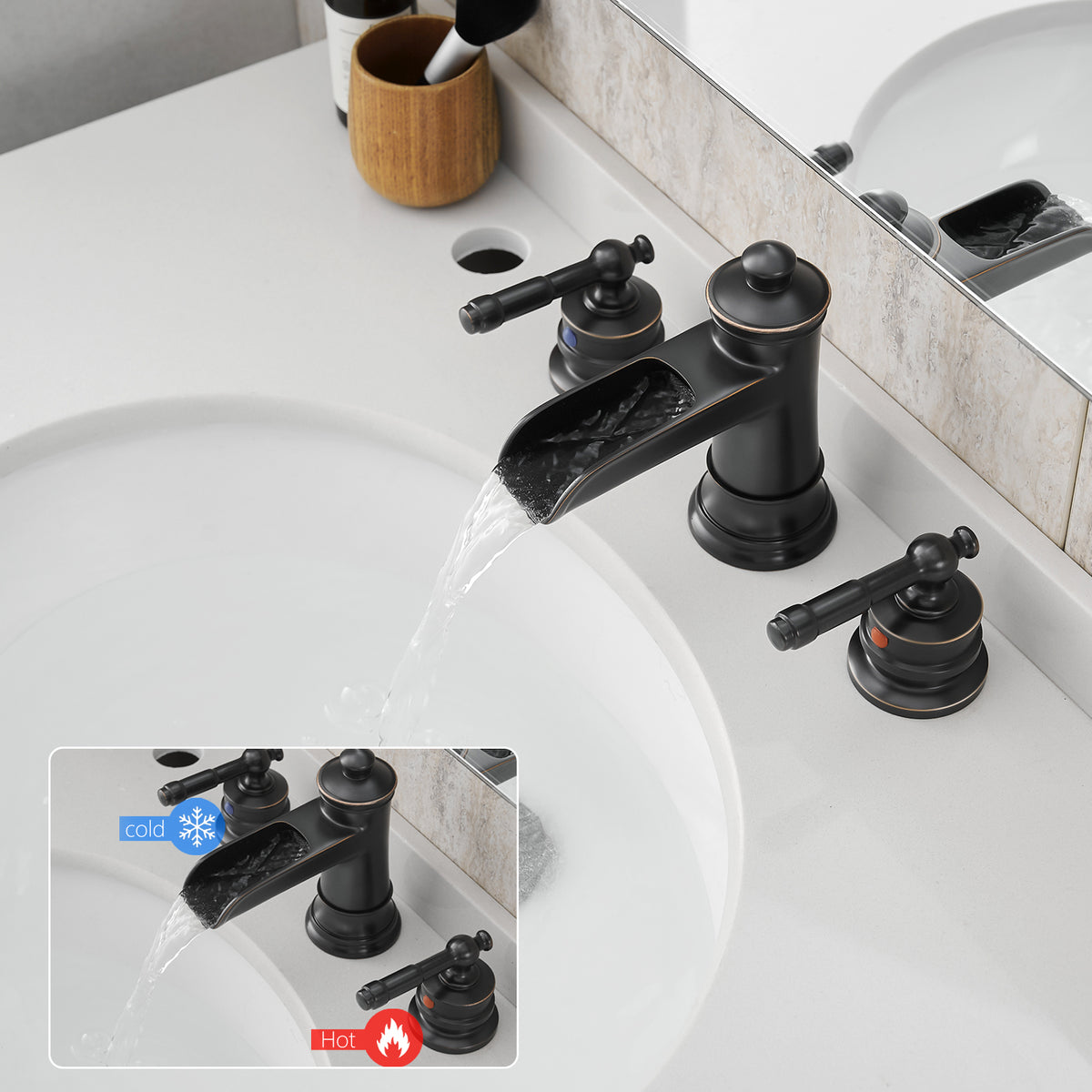 8-Inch Widespread Bathroom Sink Faucet, Oil-Rubbed Bronze Waterfall Faucet, 2-Handle 3-Hole Vanity Faucet with Pop-Up Drain Included