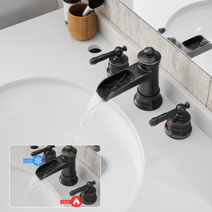 8-Inch Widespread Bathroom Sink Faucet, Oil-Rubbed Bronze Waterfall Faucet, 2-Handle 3-Hole Vanity Faucet with Pop-Up Drain Included